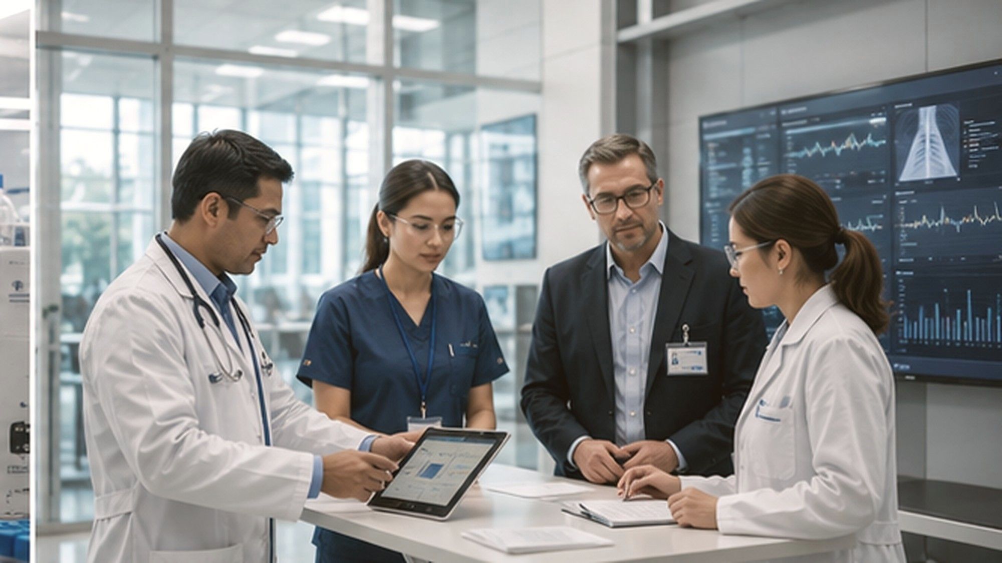 Healthcare clinical care team reviewing patient data